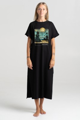 Long Cotton Dress "Sailing Stories" | Art-Printed Dress with Pockets | Comfortable Stretch Cotton Dress for Women | Free Delivery & Fast Shipping