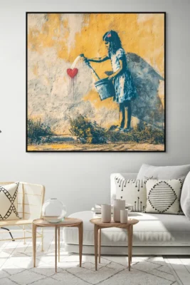 Canvas "Feed my love" "Feed my love — she pours moonlight from a rusted can, drops of dream and memory soaking the soil of a beating heart. Petals sprout from pulse, roots twist through time, and somewhere between reality and reverie, love grows strange and infinite."