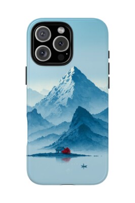 Minimal phone case with island, red tree, house and boat in blue mountain landscape