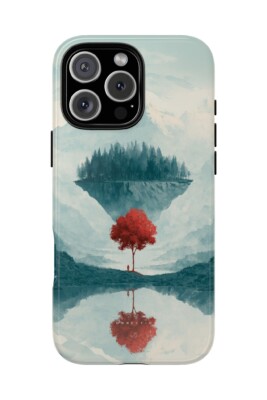 Minimal phone case with floating forest and red tree above blue mountain landscape