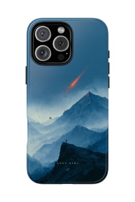 Minimal phone case with falling star above a distant house in blue mountain landscape