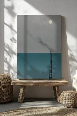 The Climb minimalist artwork featuring a ladder rising between sea and sky with a solitary figure standing at the top beneath the moon.