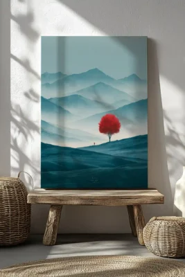 Minimal canvas wall art with red tree and blue mountain landscape