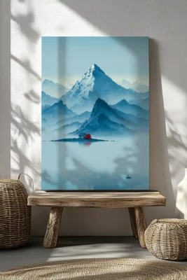 Minimal canvas wall art with island, red tree, house and boat in blue mountain landscape