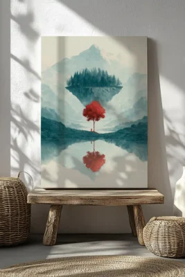 Minimal canvas wall art with floating forest and red tree above blue mountain landscape
