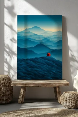 Minimal canvas wall art with red house and blue mountain landscape