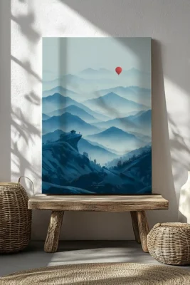 Minimal canvas wall art with red balloon floating above blue mountains