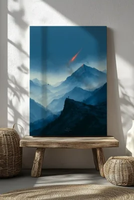 Minimal canvas wall art with falling star above a distant house in blue mountain landscape