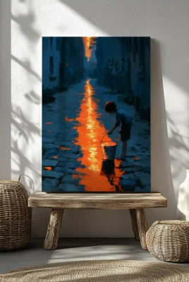 The Last Light dreamscape artwork featuring a glowing light inside a bucket beneath a vast sky in a minimalist surreal landscape.