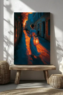 Dreamscape wall art featuring a woman carrying a glowing sun through a quiet street