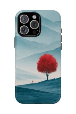 Minimal phone case with red tree and blue mountain landscape