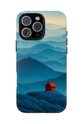 Minimal phone case with red house and blue mountain landscape