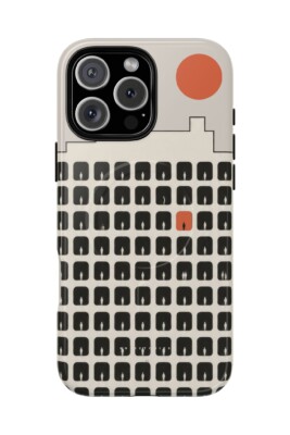 99 Stories — The Windows minimalist phone case design featuring a building with 99 windows and tiny human silhouettes.