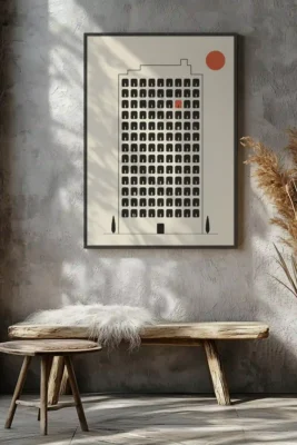 Alt text: 99 Stories The House minimalist building artwork with figures in windows