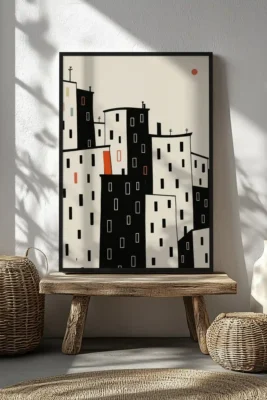 99 Stories The City minimalist artwork of black and white buildings