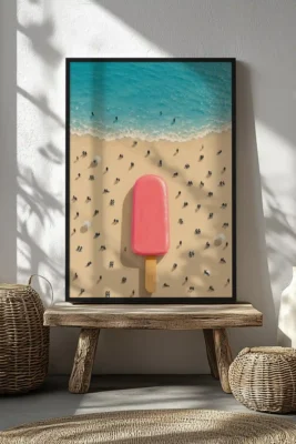 99 Stories The Summer beach artwork with tiny people and giant pink ice cream