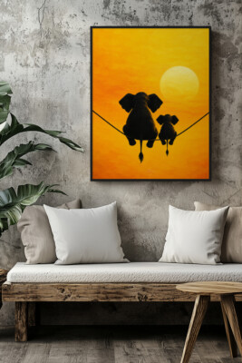 Together elephant family artwork with two black elephants watching a golden sunset